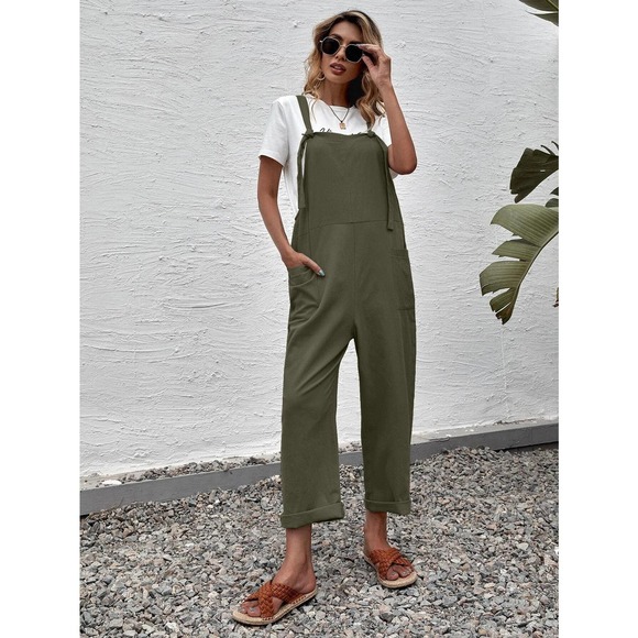 Suspender Style Overalls Wide Leg Jumpsuit with pockets boho olive green - Picture 5 of 6